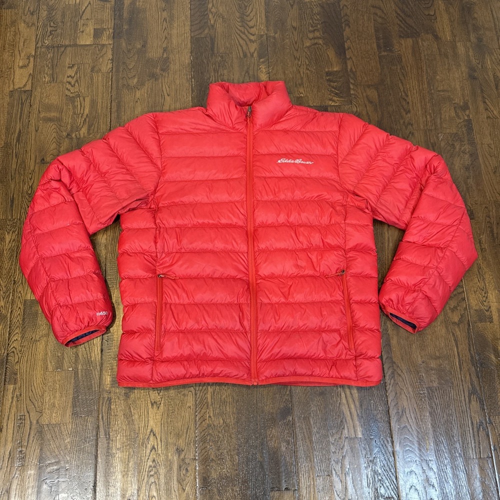 Eddie Bauer EB650 Mens Red Down Puffer Jacket Size L Full Zip Insulated